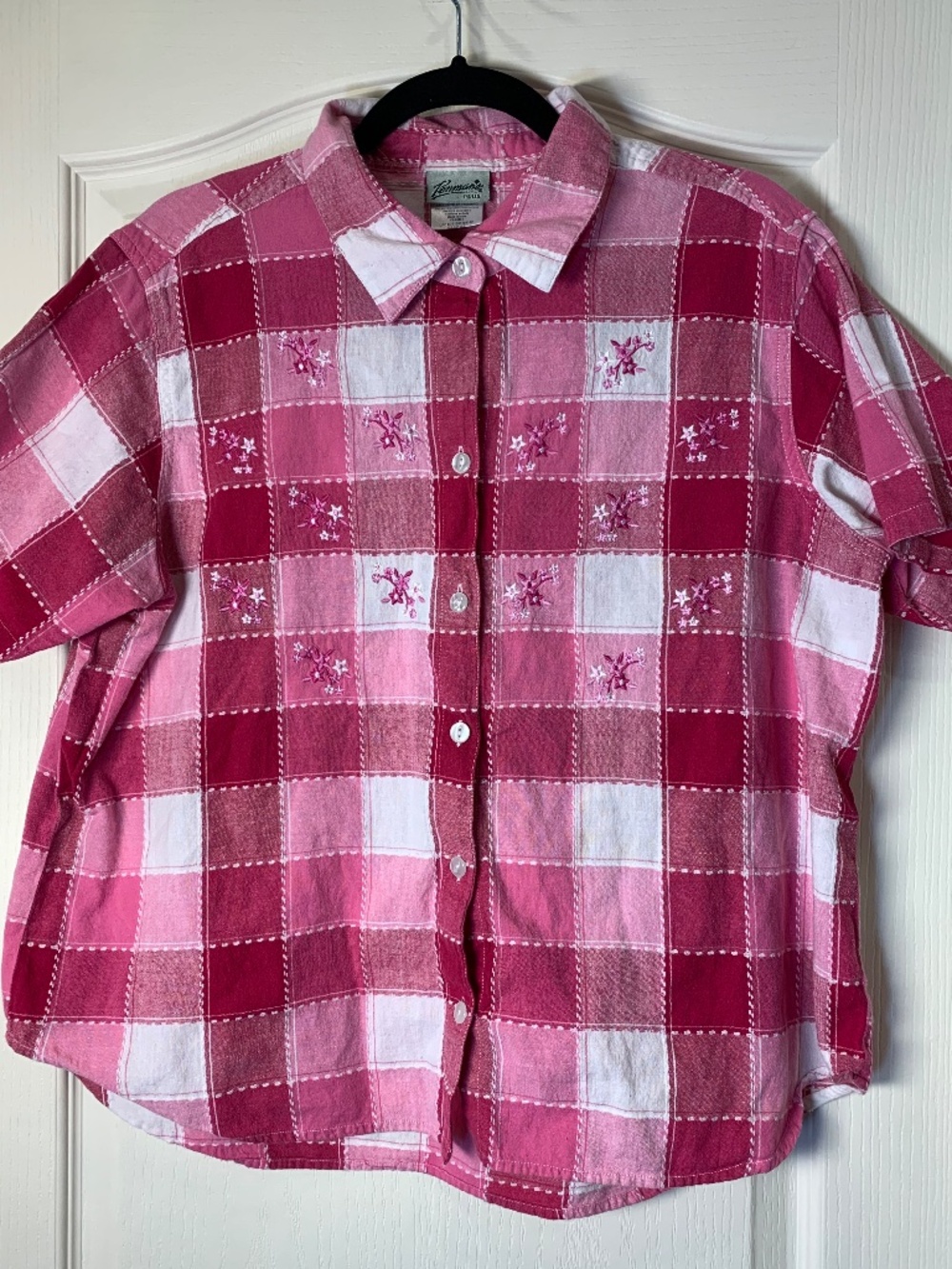 Vintage Pink Check Blouse 2X Embroidered Cottagecore Button Shirt Cotton Y2K 90s